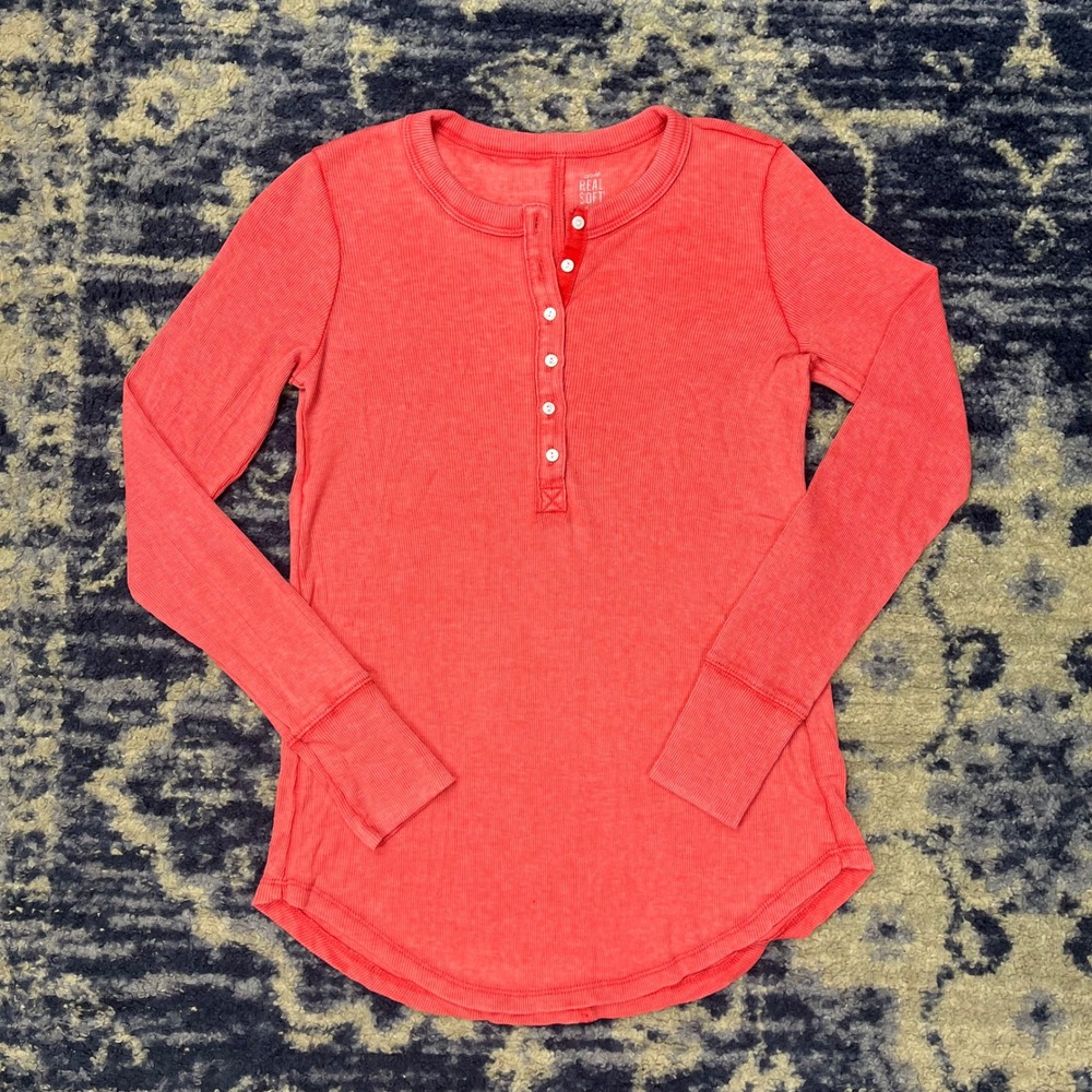 Aerie Real Soft Ribbed Henley Top Long Sleeve Coral Pink Small SV-320